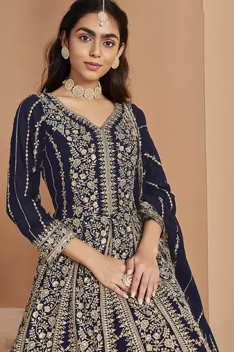 Embroidered navy blue faux georgette anarkali suit