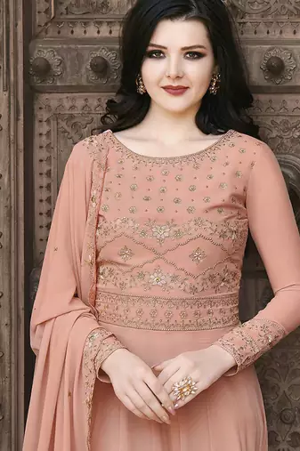 Dark peach crystals faux georgette salwar kameez