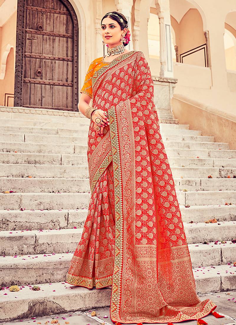 red woven silk blend saree with blouse