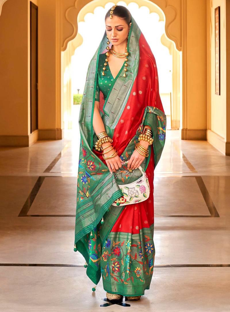 red colour silk blend sarees with floral motifs