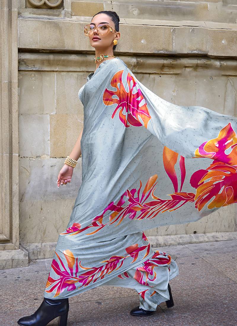 Stale gray satin printed trendy saree