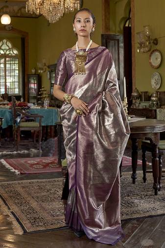 purple kanjivaram silk blend woven saree