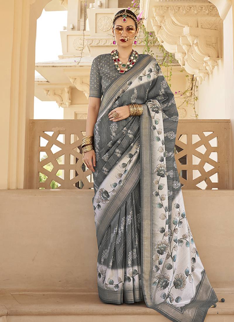 grey silk blend foil print saree