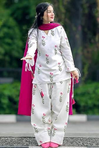 White cotton printed kurti set for women with pant and pink dupatta