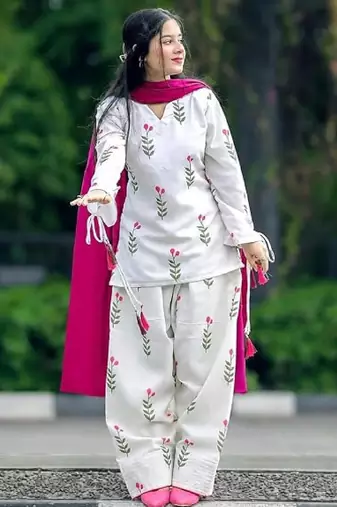 White cotton printed kurti set for women with pant and pink dupatta