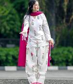 White cotton printed kurti set for women with pant and pink dupatta