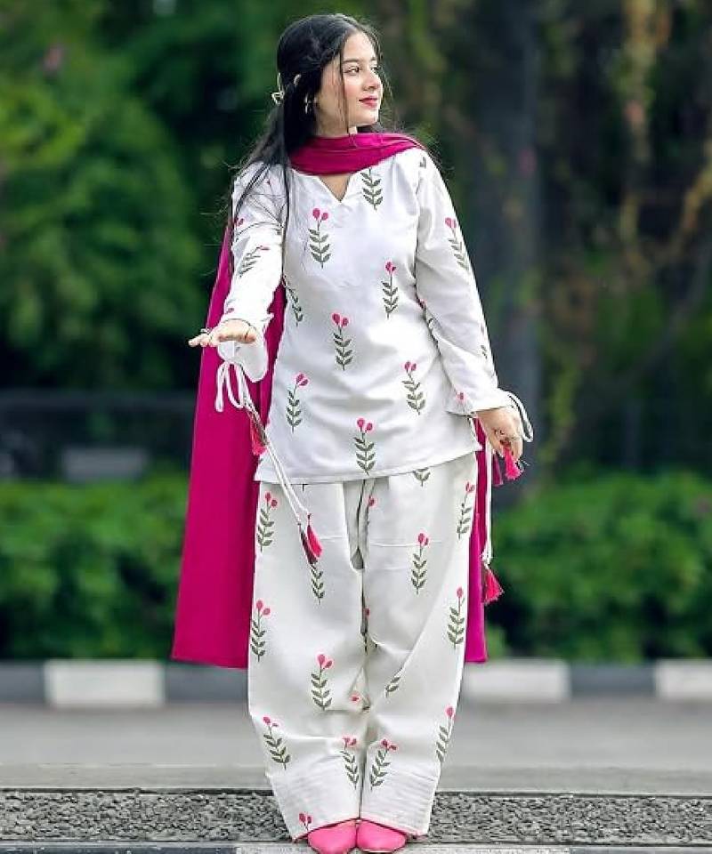 White cotton printed kurti set for women with pant and pink dupatta