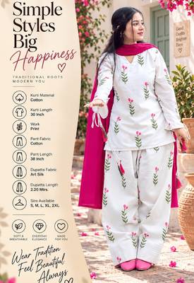 White cotton printed kurti set for women with pant and pink dupatta 2