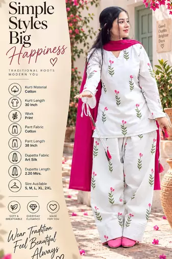 White cotton printed kurti set for women with pant and pink dupatta