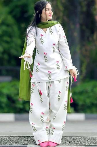 White cotton printed kurti set for women with pant and green dupatta