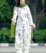 White cotton printed kurti set for women with pant and green dupatta