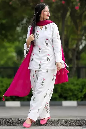 White cotton printed kurti set for women with pant and pink dupatta