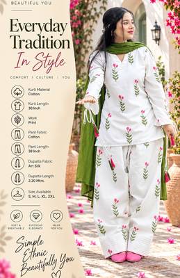 White cotton printed kurti set for women with pant and green dupatta 2