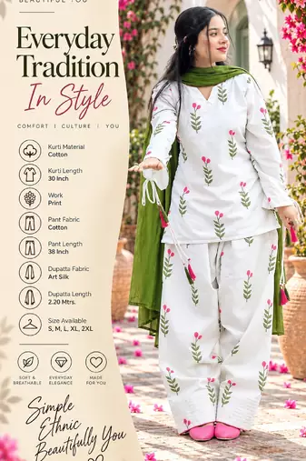 White cotton printed kurti set for women with pant and green dupatta