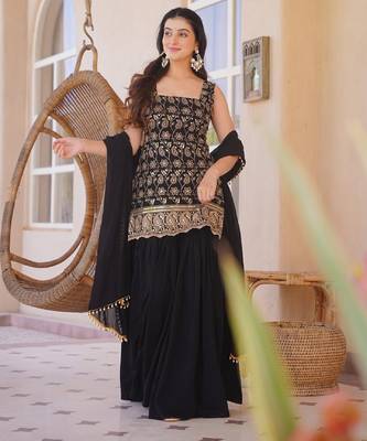 Black silk blend kurti set for women with flared palazzo and dupatta 1