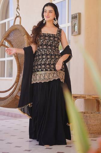 Black silk blend kurti set for women with flared palazzo and dupatta