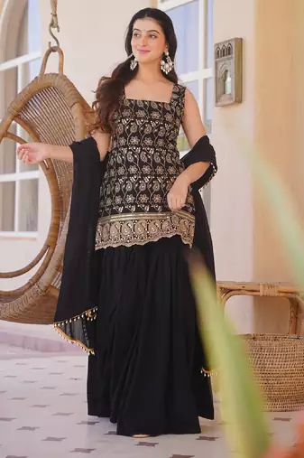 Black silk blend kurti set for women with flared palazzo and dupatta