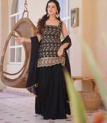Black silk blend kurti set for women with flared palazzo and dupatta
