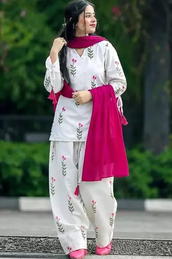 White cotton printed kurti set for women with pant and pink dupatta