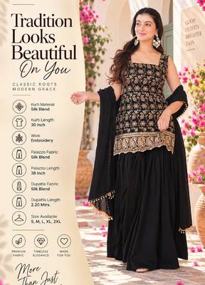 Black silk blend kurti set for women with flared palazzo and dupatta 2