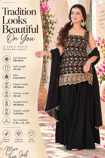 Black silk blend kurti set for women with flared palazzo and dupatta