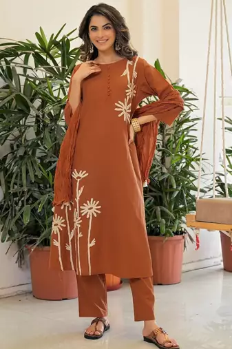 Brown embroidered kurta set for women with dupatta and pant