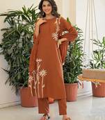 Brown embroidered kurta set for women with dupatta and pant