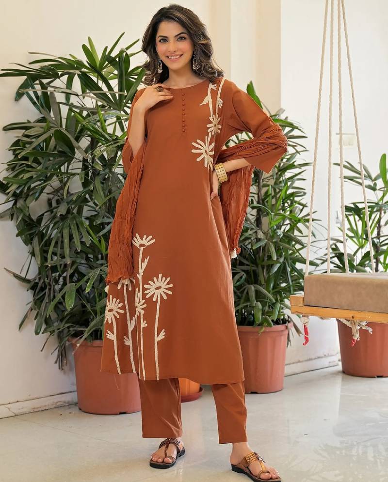 Brown embroidered kurta set for women with dupatta and pant