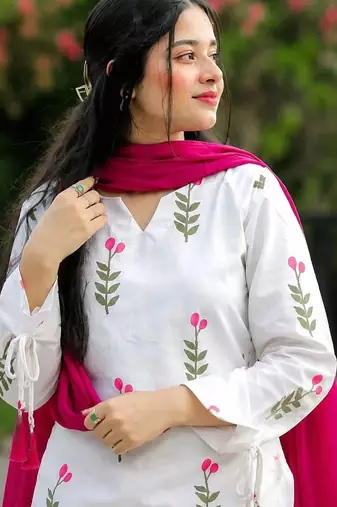 White cotton printed kurti set for women with pant and pink dupatta