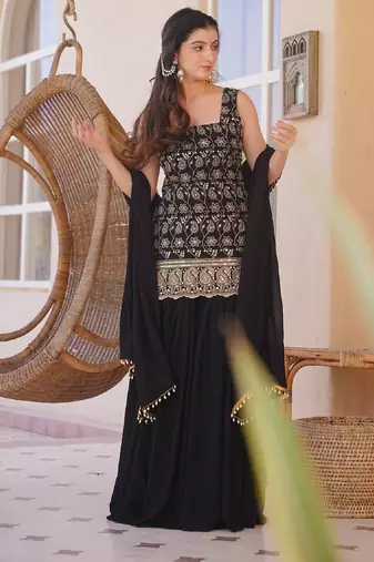 Black silk blend kurti set for women with flared palazzo and dupatta