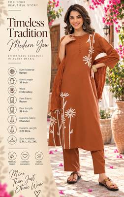 Brown embroidered kurta set for women with dupatta and pant 2