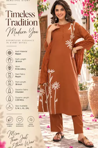 Brown embroidered kurta set for women with dupatta and pant