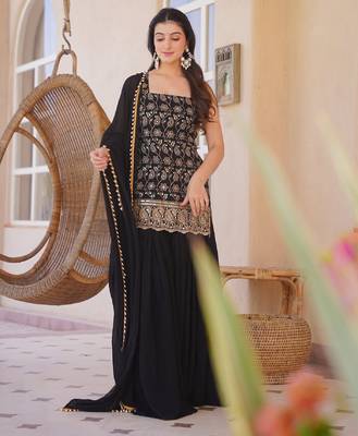 Black silk blend kurti set for women with flared palazzo and dupatta 4