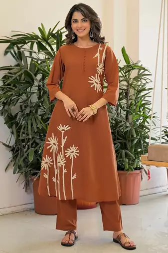 Brown embroidered kurta set for women with dupatta and pant