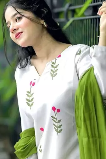White cotton printed kurti set for women with pant and green dupatta