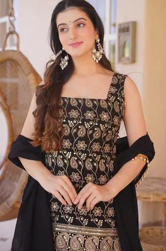 Black silk blend kurti set for women with flared palazzo and dupatta