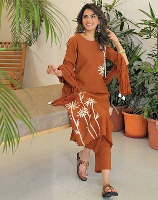Brown embroidered kurta set for women with dupatta and pant 4
