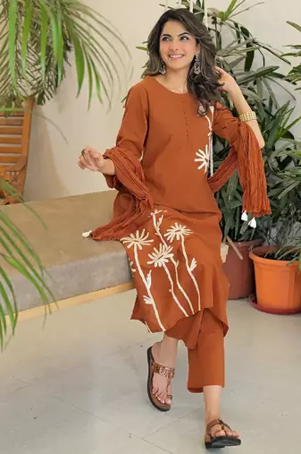Brown embroidered kurta set for women with dupatta and pant