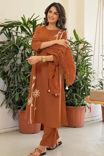 Brown embroidered kurta set for women with dupatta and pant