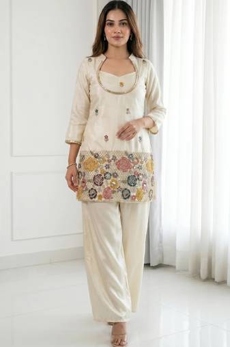 Cream chinon floral embroidered kurti set for women with palazzo