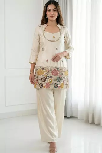 Cream chinon floral embroidered kurti set for women with palazzo