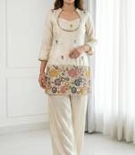 Cream chinon floral embroidered kurti set for women with palazzo