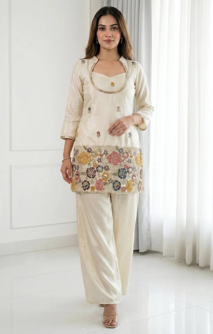 Cream chinon floral embroidered kurti set for women with palazzo