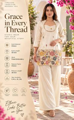 Cream chinon floral embroidered kurti set for women with palazzo 2