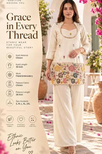 Cream chinon floral embroidered kurti set for women with palazzo