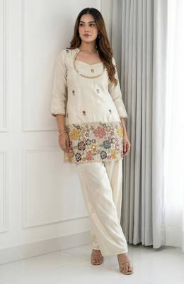 Cream chinon floral embroidered kurti set for women with palazzo 3