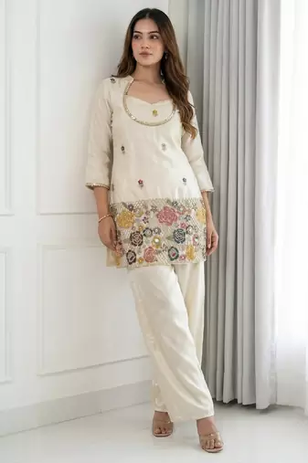 Cream chinon floral embroidered kurti set for women with palazzo