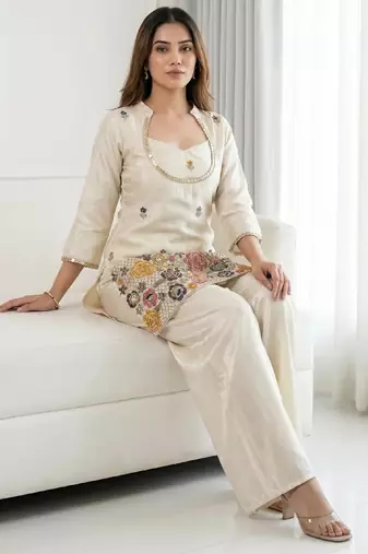 Cream chinon floral embroidered kurti set for women with palazzo