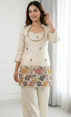 Cream chinon floral embroidered kurti set for women with palazzo 5