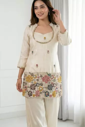 Cream chinon floral embroidered kurti set for women with palazzo